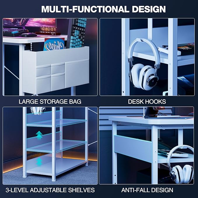 L Shaped Gaming Desk 48 Inch - Computer Corner Desk with Power Outlets Reversible Shelves &amp Storage Bag for Home Office PC Gaming Table White Carbon
