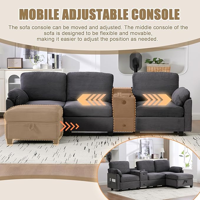KEIKI 105 L-Shaped Oversized Corduroy Modular Sectional Sofa with 1 Ottoman and Multi Functional Console 4-Seater Upholstered Couch with USB and 2 Cup Holder Easy Assembly for Living Room Gray