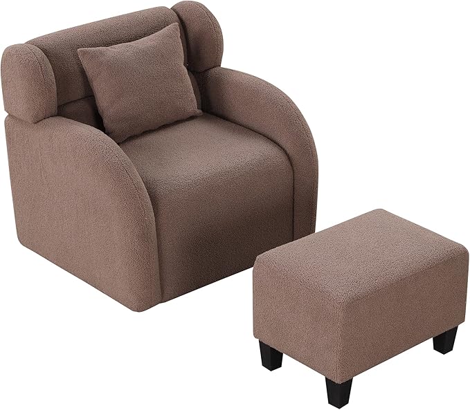 Swivel Accent Chair with Ottoman Teddy Short Plush Particle Velvet Armchair360 Degree Swivel Barrel Chair with Footstool for Living Room Hotel Bedroom Office LoungeBrown