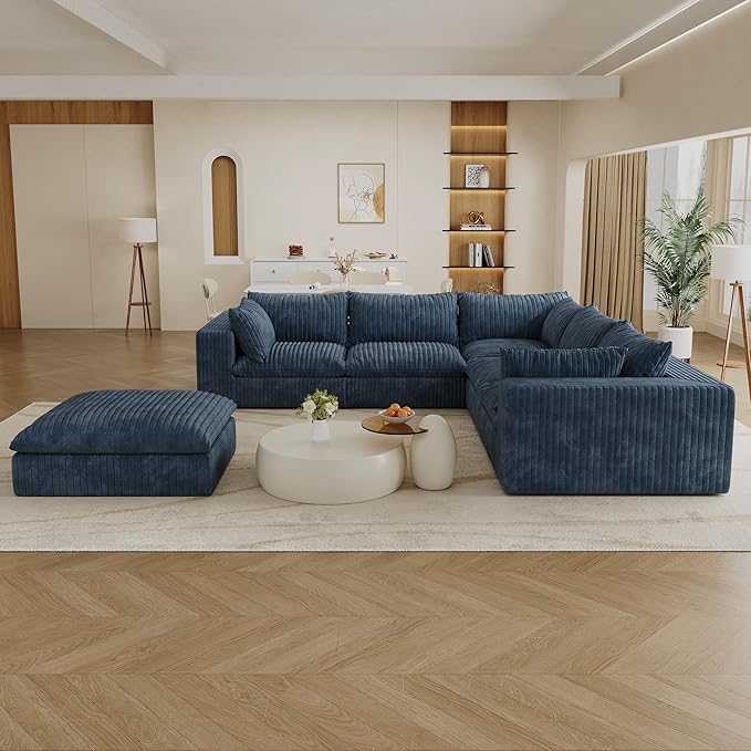 118.2 Modern V Shaped Corner Sofa Comfy Modular Sectional Cloud Couch with Plush Corduroy Fabric Deep Seat Upholstered Sofa Boneless Couches for Living Room No Assembly (Blue + Ottoman)