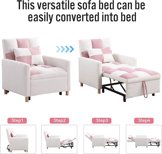 Sleeper Sofa Bed 3-in-1 Convertible Chair Bed Multi-Functional Sleeper Chair Soft Teddy Fabric for Living Room Apartment Office (White&ampPink)