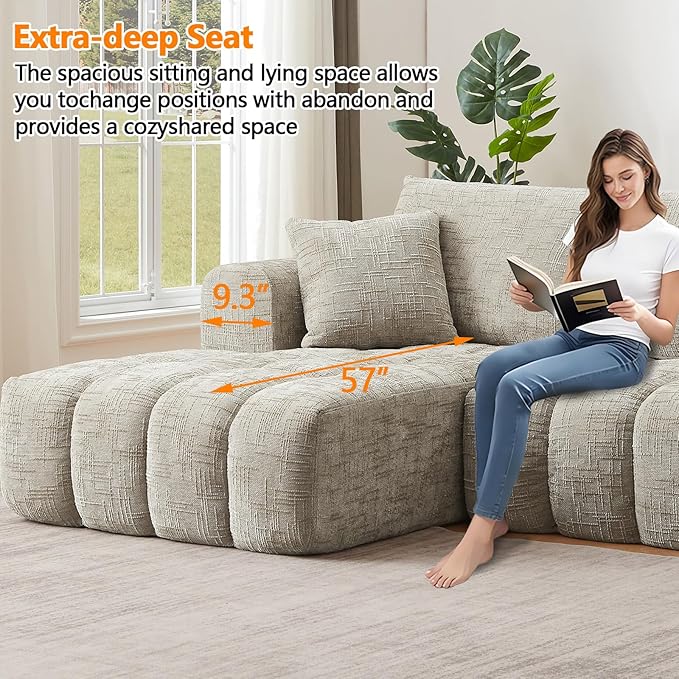 Luxury 108 Sofa with Oversized Chaise L-Shaped Chenille Modular Cloud Couch with Deep Seat &amp 2 Pillows Orange Boneless Couches for Living Room Apartments Homes (Khaki Left Facing Chaise)