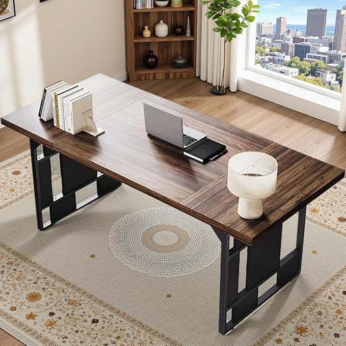 71 Inch Large Executive Desk Heavy Duty Computer Desk with Extra Thick Wooden Tabletop and Metal Frame Modern Workstation Writing Study Desk for Home Office Study Room