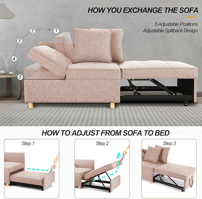 SEJOV 71 Convertible Couch Bed Brown Wood Loveseat Sofa Adjustable Couch Sleeper with Pull Out Bed Modern Linen Fabric Space-Saving Sofas for Living Room Apartment and OfficeLight Brown
