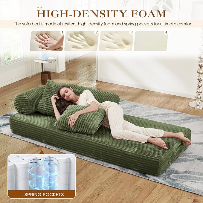 78.5W Convertible Folding Sofa Bed Corduroy Upholstered Queen Size Foam Floor Couch with Fixed-Shaped Frame Loveseat Sleeper Compression Sofa Foldable Mattress for Living Room Bedroom(Green)