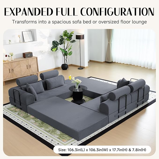 106 L-Shaped Modular Boneless Couch 2-Piece System (2×70.87) Convertible Sectional to 141.7 Straight Sofa Corduroy Couch in a Box Headrest &amp Back Pillows for Living Room Dark Blue