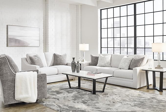 Signature Design by Ashley Maitelynn Contemporary Sofa with Accent Pillows Reversible Cushions and Sloped Arms Light Gray