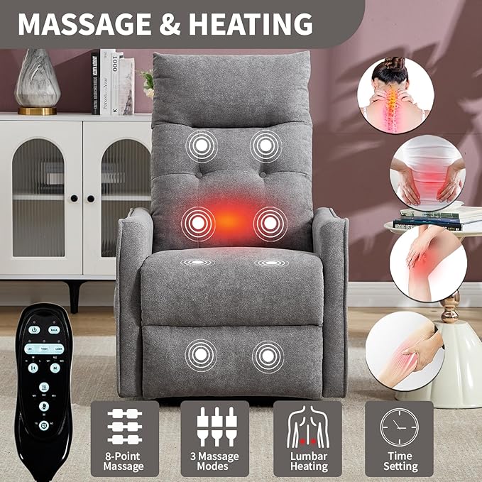 Small Power Lift Chair Recliner for Elderly Petite Power Recliner Chair with Massage and Heat | USB | High Back | Push Button | Side Pockets Liviing Room Easy Assembly (Chenille Light Grey)