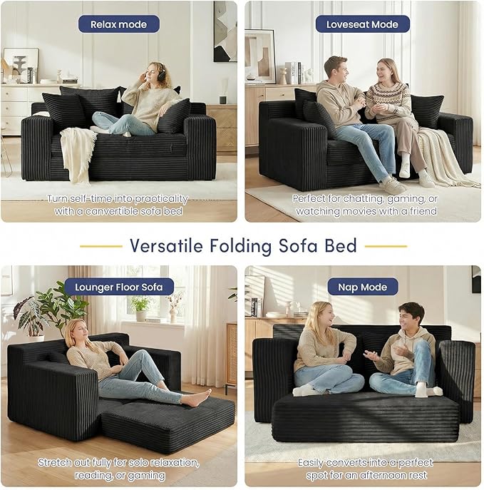 Boneless Couch Loveseat Sleeper Convertible Sofa Bed Folding Couch Bed Foldable 2 in 1 Boneless Chair Bed &amp Futon Sofa Bed Small Pull Out Sofa with 4 Pillows for Living Room Black | No Assembl