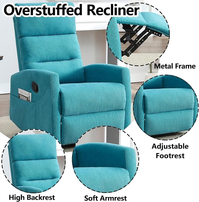 Slim Lazy Boy Recliners for for Adults Swivel Rocking Chair Recliner with High Back Small Recliner Chair for Small Spaces Manual Reclining Chair for Living Room Adjustable Footrest (Blue)