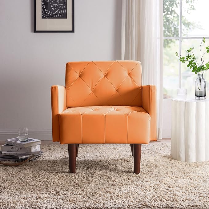 Faux Leather Accent Chair Modern Retro Arm Chair for Living Room and Bedroom Tufted Upholstered Sofa Club Chair Comfy Armchair for Small Spaces Bedroom Office (Orange)