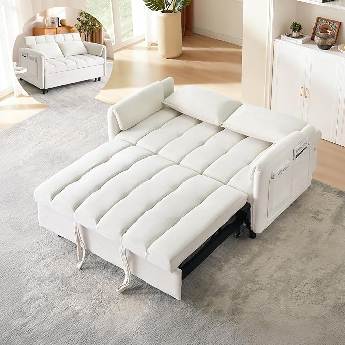 3 in 1 Convertible Sleeper Sofa Bed Modern Velvet Loveseat Pull-Out Couch w/Pullout Bed Small Love Seat Lounge Sofa w/Reclining BackrestToss Pillows Pockets for Living Room