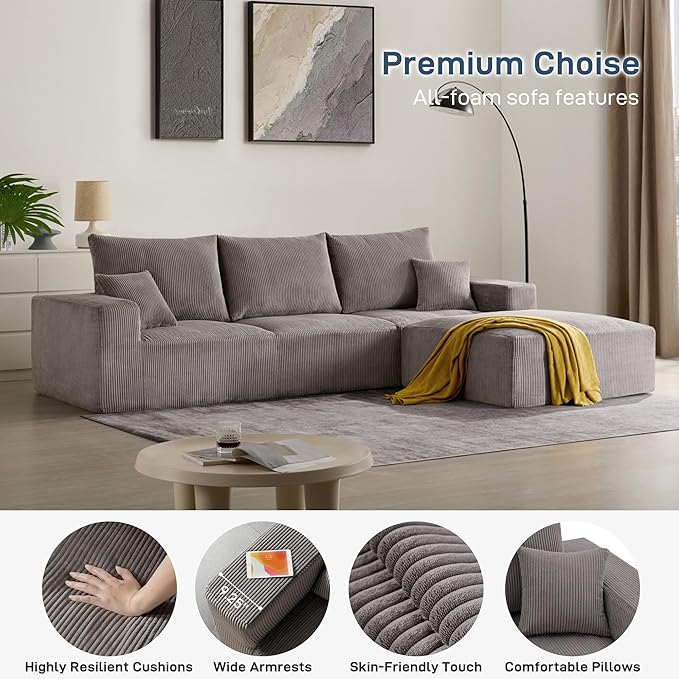 Sectional Modern Sleeper Sofa Couches for Living Room-113 Grey 3 Seater L-Shaped Boneless Cloud Couch-No Assembly Modular Corduroy Convertible Sponge Compression Sofas with Chaise for Home House