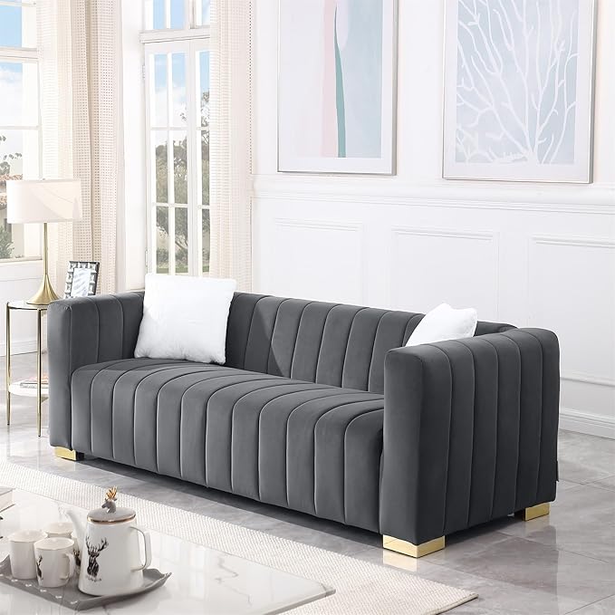 Familymill 87'' Modern Premium Velvet 3-Seater Sofa Couch with Metal Base Legs and 2 Pillows for Living Room/Bedroom
