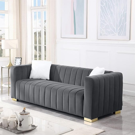 Familymill 87'' Modern Premium Velvet 3-Seater Sofa Couch with Metal Base Legs and 2 Pillows for Living Room/Bedroom