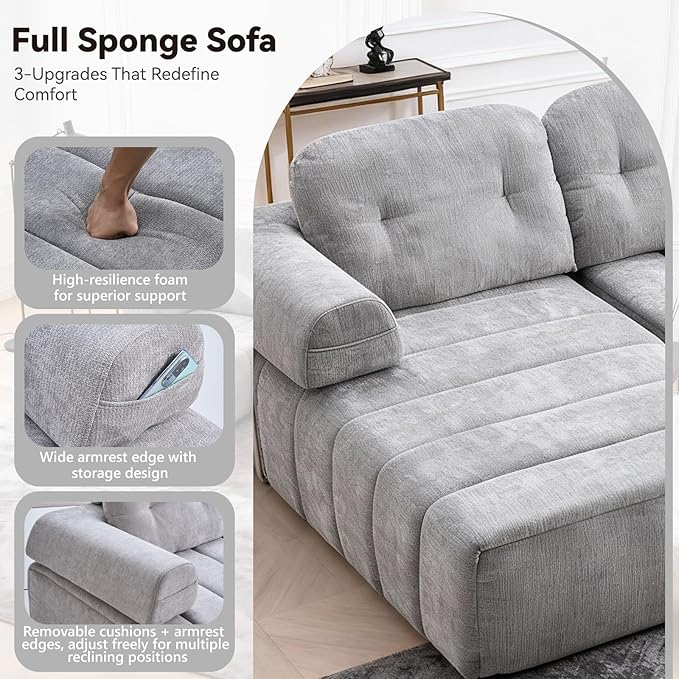 Modular Sectional Sofa with Chaise 104.33 L-Shape Boneless Couch with Pillows and Side Pockets 3-Seater Sectional Couches for Living Room Bedroom Chenille Fabric Grey