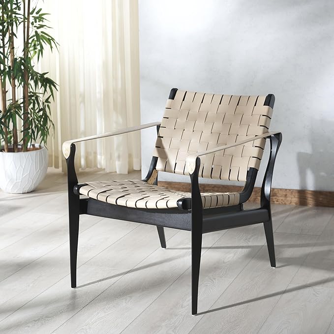 SAFAVIEH Couture Collection Dilan Black Solid Wood/White Genuine Leather Safari Chair (Fully Assembled)