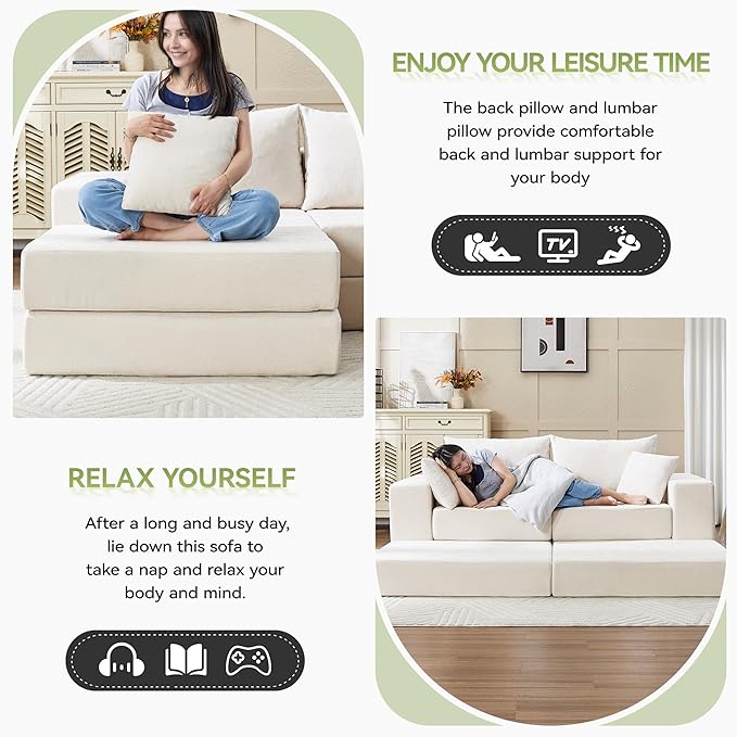 79 Boneless Cloud Loveseat Sofa Couch Modular Foldable Floor Sofa with Ottoman Chenille Lounge Convertible Sofa Bed for Living Room No Assembly Beige