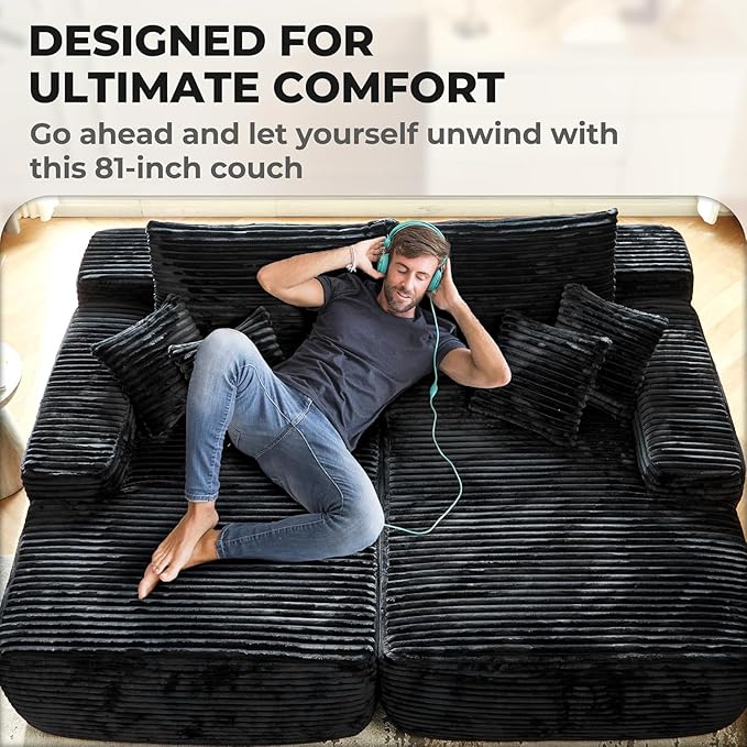 Oversized Chaise Lounge Sofa Indoor - Luxury 80 Cloud Sectional Couch Sofa Bed Deep Seat Plush Corduroy Lounge Chair Sleeper Sofa for Living Room Bedroom (Black2PCS)