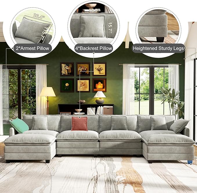 146 Cloud Couch Sectional U Shaped Modular Sectional Sofa 4-Seat Deep Seat Couch with 6 Removable Washable Pillows and 2 Ottoman for Living Room Bedroom Apartment Light Grey