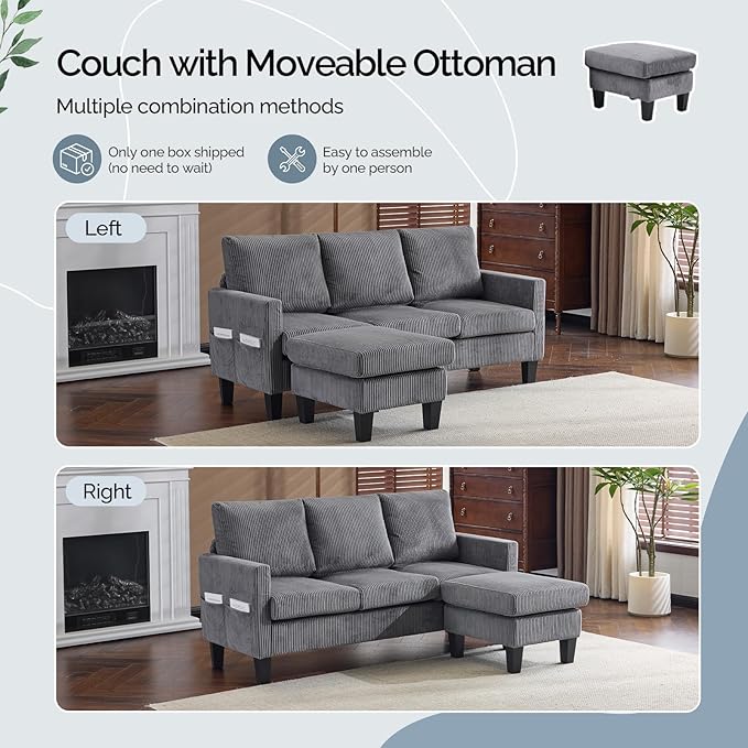 VINGLI 68.5' L Shaped Couch with Removable Storage Ottoman Convertible Sectional Sofa in Corduroy Fabric Modern Reversible Chaise Couch for Small Spaces Apartment Living RoomGrey