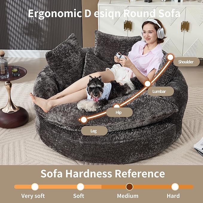 55 inch Oversized Round Chair Fluffy Chenille Boneless Sofa with Extra Deep Seat for Living Room Lounge (Grey)
