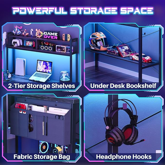 Aheaplus L Shaped Desk Gaming Desk 59 L Shaped Computer Desk with LED Light &amp Power Outlet Reversible Home Office Desk Gamer Desks with Shelves &amp Storage Bag &amp Hooks Corner PC Desk Bl