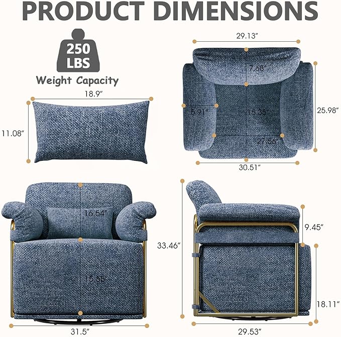 Swivel Accent Chairs 360 Swivel arm Chairs for Bedroom Club Chair with Back Gold Frame Tall Base for Office and Living Room (Blue)