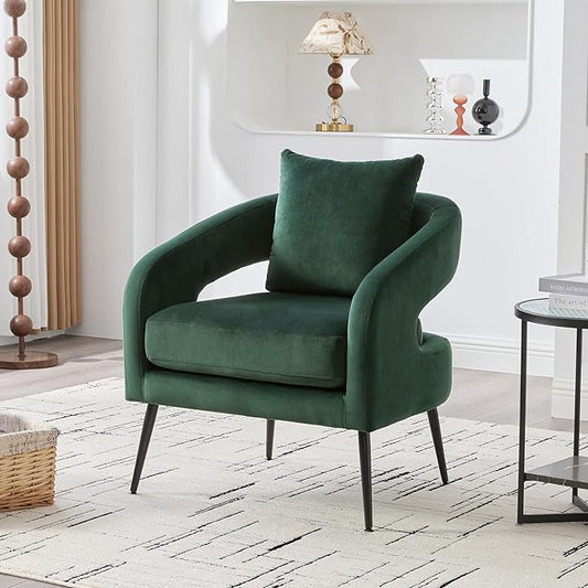 Mid Century Modern Accent Armchair - Velvet Upholstery with Removable CushionRound Arms &amp Sturdy Metal LegsComfortable Reading Chair for Living RoomBedroomApartment - Green FabricBlack Legs