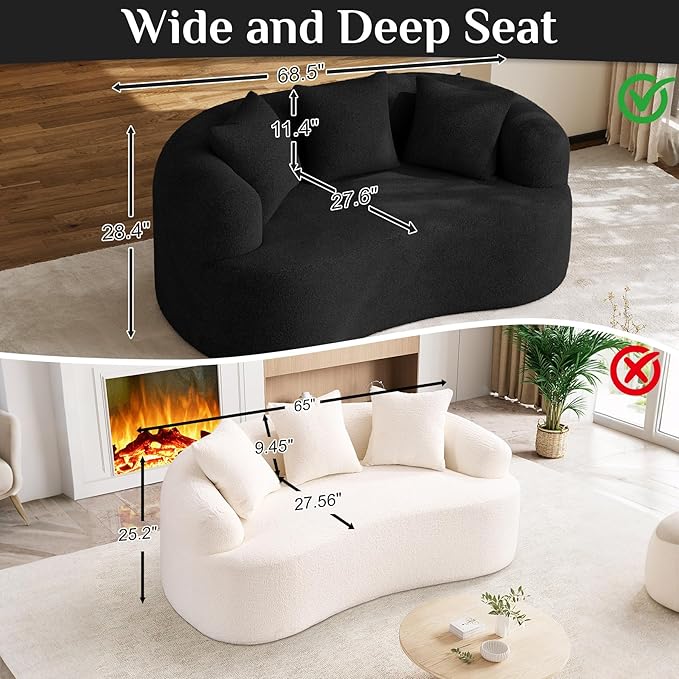 68.5 Loveseat Sofa for Living Room Modern Luxury Plush Chenille Extra Deep Seat Curved Cloud Floor Couch with 3 Throw Pillows for Small Spaces No Assembly Needed Black