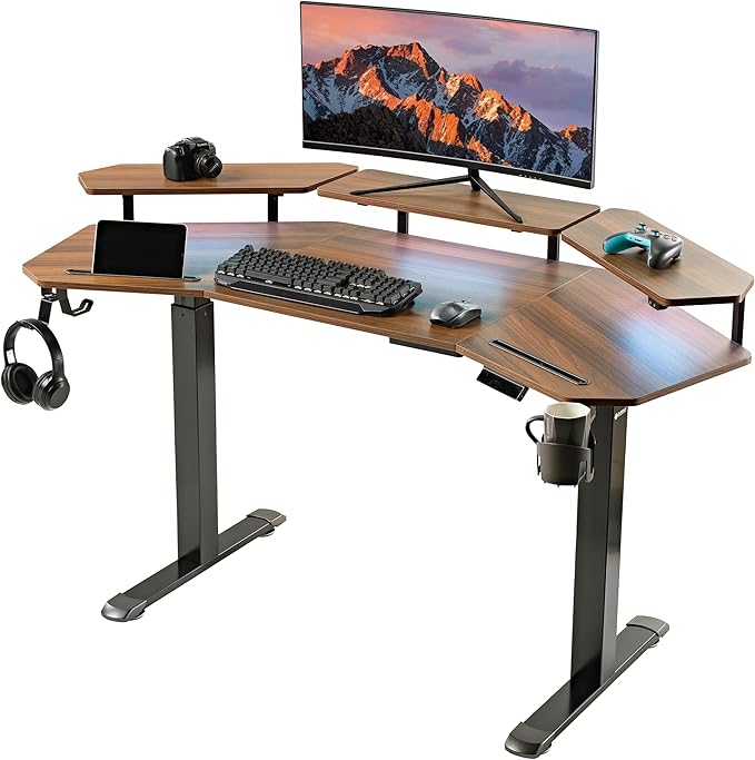 EUREKA ERGONOMIC Standing Gaming Desk with Dual Motor63 Wing Shaped Computer Desk w Mouse Pad Electric Adjustable Height Table w LED Monitor StandsSlot DesignWalnut