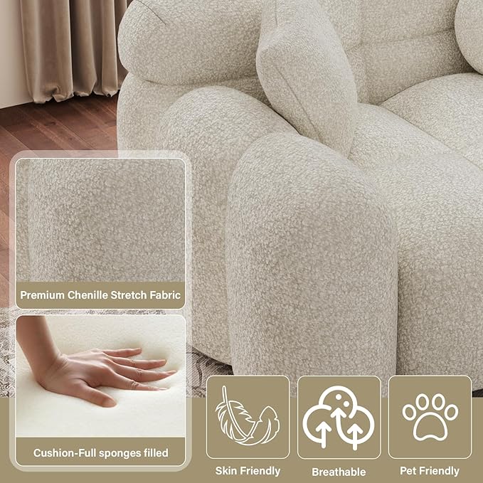 87.3 Modern Sofa Couch Comfy Deep Seat Chenille Cloud Sofa Upholstered 3-Seater Couch Oversized Loveseat for Living Room Bedroom Office Apartment Beige White
