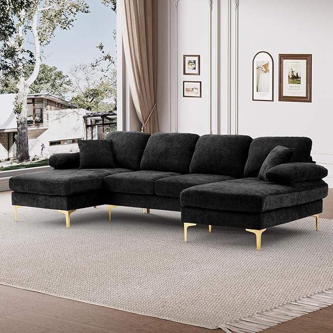OUYESSIR 112 Cloud Sectional Sofa with Extra Deep SeatU Shaped Sectional Couches for Living Room4 Seater Chenille Sofas &amp CouchesModern Apartment Couch with Double Chaise Lounge Black