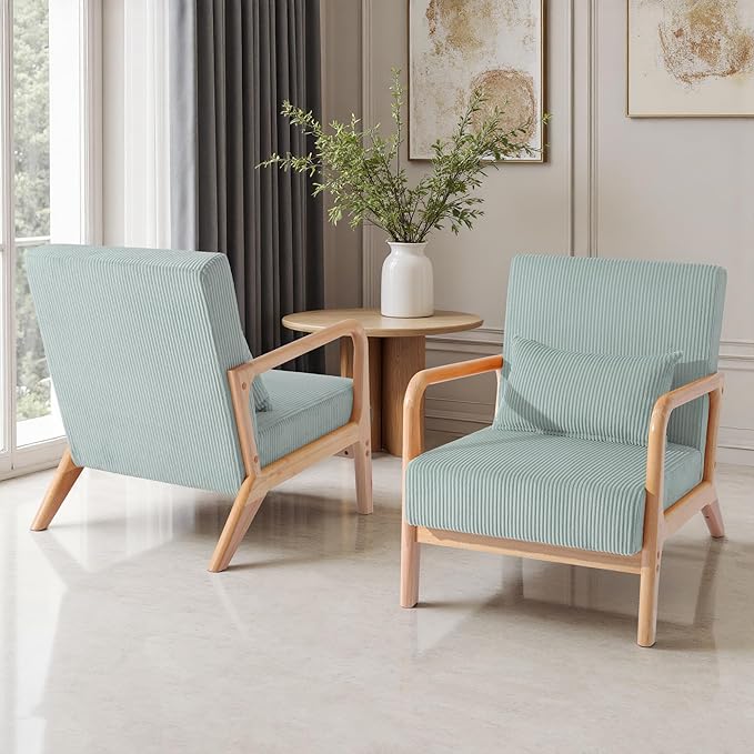 UIXE Modern Accent Chair Corduroy Upholstered Armchair for Living Room Comfy Arm Chair Single Sofa Bedroom Reading Seat with Lumbar Pillow &amp Wooden Armrests - Light Blue