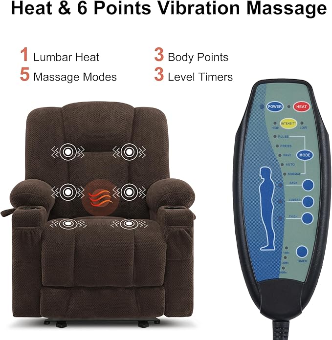 MCombo Zero Gravity Power Recliner Chair with Heat and Vibration Massage Reclining Chair with USB &amp Type C Ports Cup Holders for Living Room Fabric 8015 (Brown)