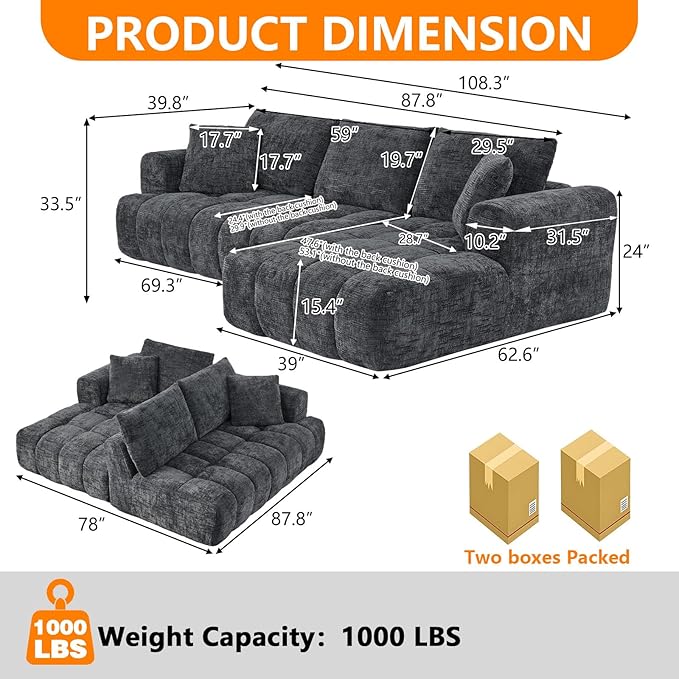 Luxury 108 Sofa with Oversized Chaise L-Shaped Chenille Modular Cloud Couch with Deep Seat &amp 2 Pillows Orange Boneless Couches for Living Room Apartments Homes (Grey Right Facing Chaise)