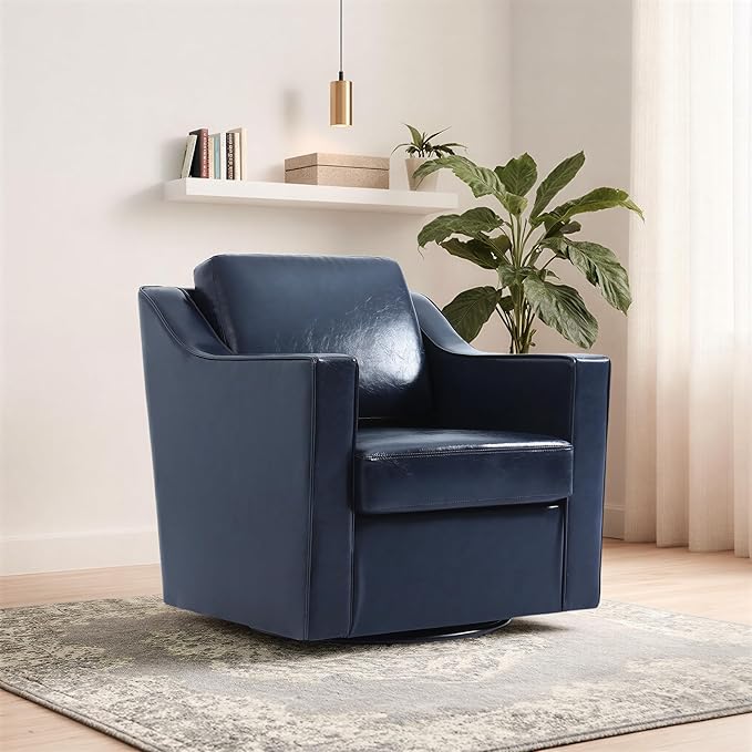 Swivel Accent Chair Set of 2 Modern Round Barrel Arm Chair for Living Room Bedroom Comfy Club Reading Chairs for Adults Leather Navy Blue
