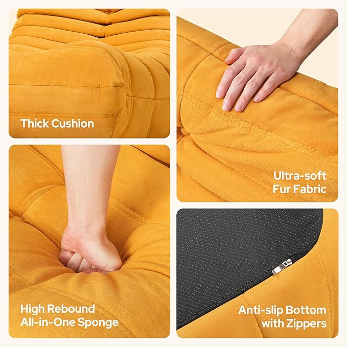 High-end Togo Bean Bag Chair Fireside Chair with Yellow Suede Fabric Cover Comfy &amp Soft Lazy Floor Lounge Sofa for Bedroom Living Room Office or Salon