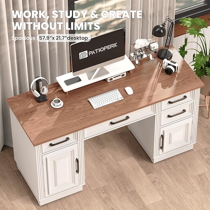 58 Farmhouse Executive Desk Wood Home Office Desk with Drawers Computer Desk with Drawers and Storage Cabinet Workstation for Office Home Ivory White