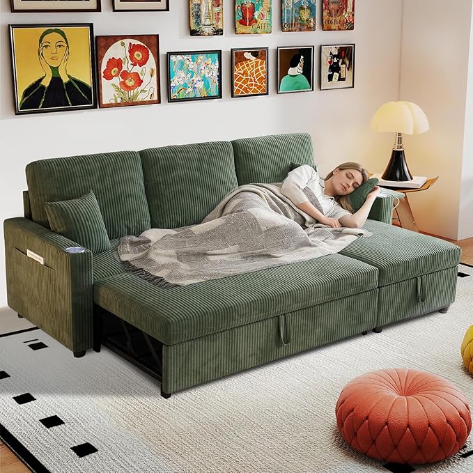 Rovibek 83 Convertible Sofa Bed Couch with Storage &amp USB Port – 4 in 1 L Shaped Sofa with Pull Out Couch Bed Side Table Cup Holder for Living Room Apartment Office Small Spaces Green