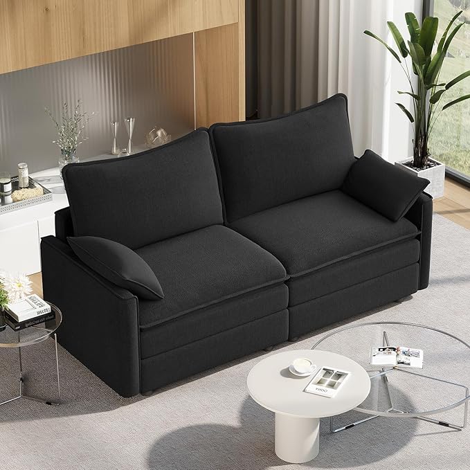 Vesgantti 74 Loveseat Sofa for Living Room Comfy Cloud Couch Deep Seat Chenille Modern 2 Seater Small Sofa with Armrest Pillow Easy Assembly for Small Spaces Black