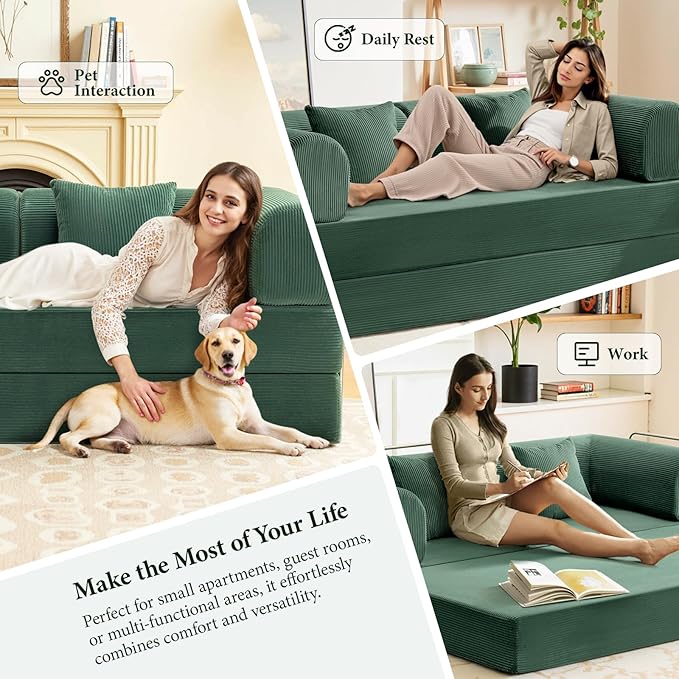 Convertible Floor Sofa Bed Corduroy Modular Floor Couch with Pillow Comfy Modern Sofa Convertible Folding Couches for Living Room Bedroom