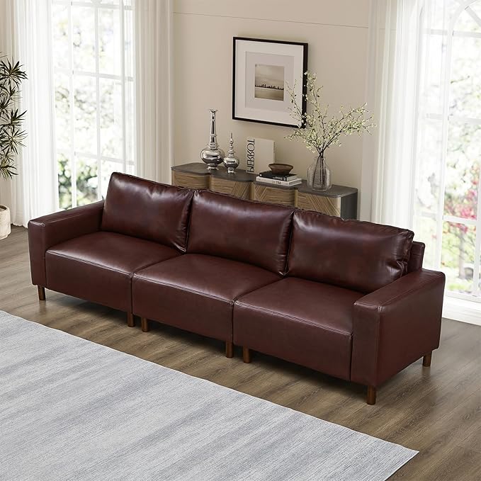 Mid-Century Modern Sofa Set of 2 PU Leather 3-Seater Couch with Solid Wood Legs &amp Square Armrests Lounge Comfy Loveseat Sofa Upholstered Cozy Couch for Living Room Office(78.5W + 112W Burgu