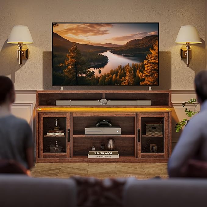 WLIVE Farmhouse TV Stand for TVs Up to 65 Inches Tall Entertainment Center with Storage Cabinets &amp LED Lights Media Console for Living Room Bedroom Home Theater Rustic Brown