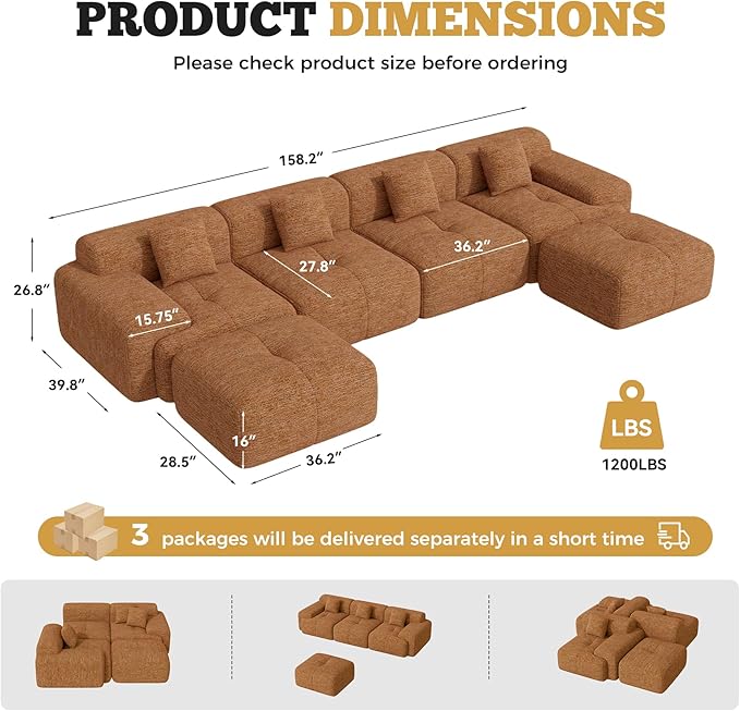158 Modern U Shaped Modular Sectional Sofa Boneless Couches for Living Room with Ottoman6 Seater Convertible Chenille Cloud Couch Sofa Set No Assembly Required Orange 1 PCS