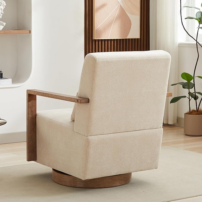 Beige Swivel Accent Chair Mid Century Modern Swivel Barrel Chair for Living Room Comfy Accent Chair 360 Degree Upholstered Armchair for Bedroom Nursery Linen
