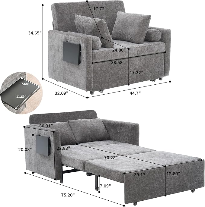 45 Oversize 3-in-1 Sleeper Chair 75 Long Pull-Out Sleeper Sofa Bed with Wing Table and Side Pocket for Living Room Bedroom Small Space Gray
