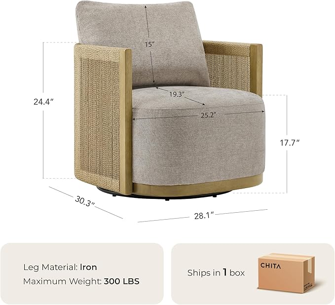 CHITA Braid Swivel Accent Chairs Modern Comfy FSC Certified Armchair with Paper Cord &amp Wood Frame for Living Room and Bedroom Fully Assembled - Mink