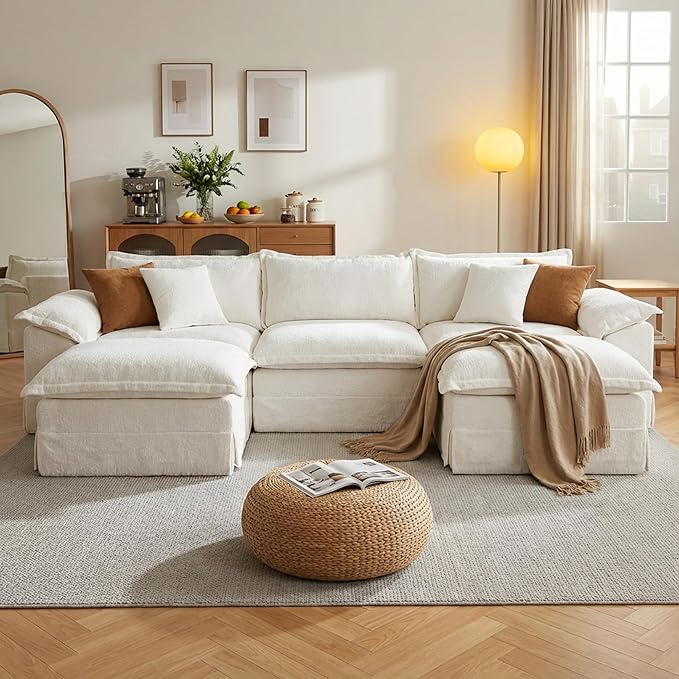 Claiks 123 Modular Boneless Couch U Shaped Couch for Living Room Modern Deep Seat Sofa 3 Seater Chenille Fabric Comfy Cloud Couches with Movable Ottoman Beige