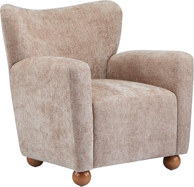 Christopher Knight Home Lindy Wingback Accent Chair Upholstered Armchair with Rounded Wooden Legs Curved Backrest Single Sofa Soft Cushion Seating Comfy Lounge Chair for Living Room Beige Brown